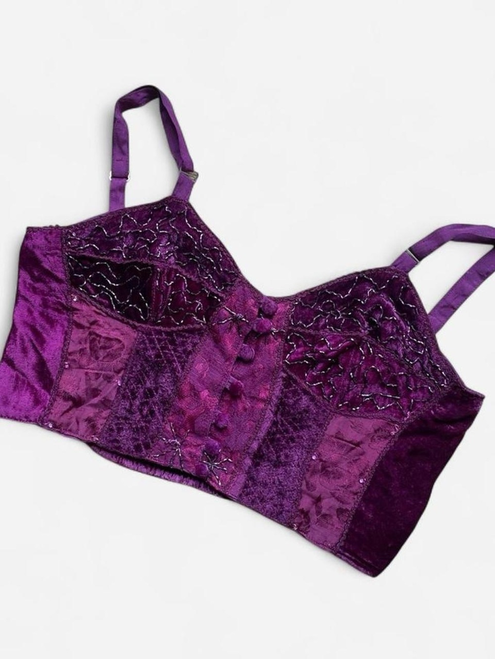 Purple Embroidered Beaded & Velvet Crop Tank Top
